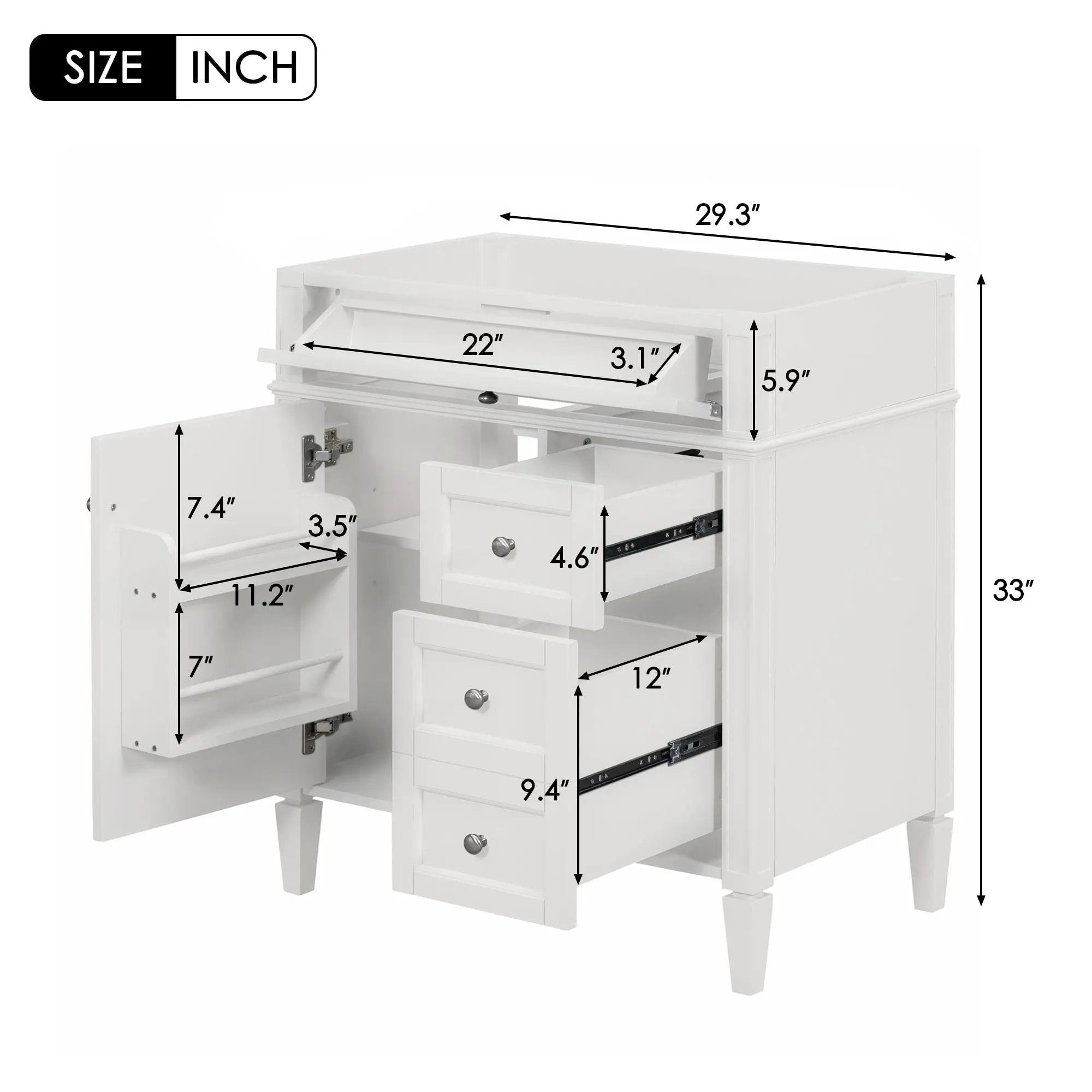 Bathroom Vanity With 2 Drawers And Tip-Out Drawer, Storage Cabinet by Unique Piece Furniture