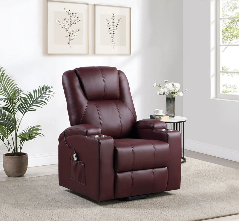 Armstrong Upholstered Power Lift Massage Recliner Wine by Unique Piece Furniture