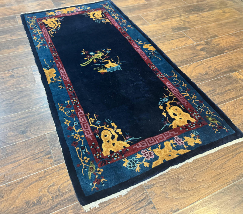 Antique Chinese Peking Rug 3x6, Dark Blue, Bird Motif, Handmade Wool Art Deco Asian Oriental Carpet, Pair A by Jewel Rugs