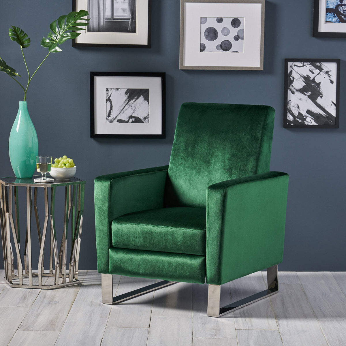 Velvet Push Back Recliner with Metal Legs - Emerald or Blue