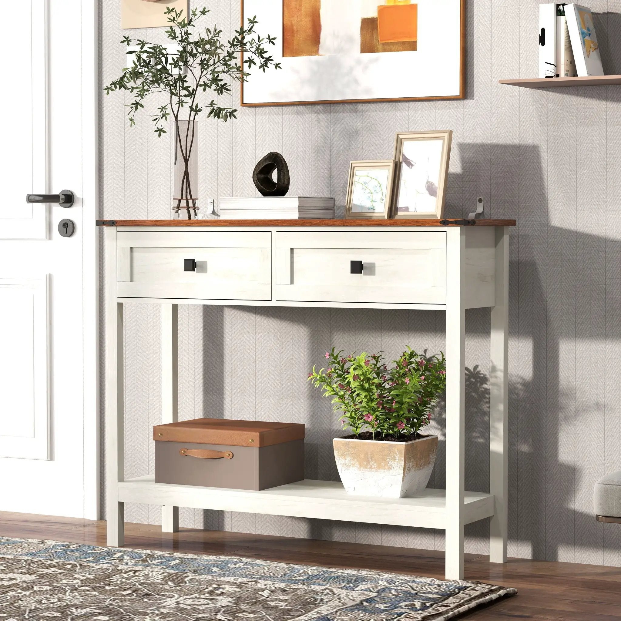 Farmhouse Style Console Table With 2 Drawers And Bottom Storage Shelf by HouseOfZazla