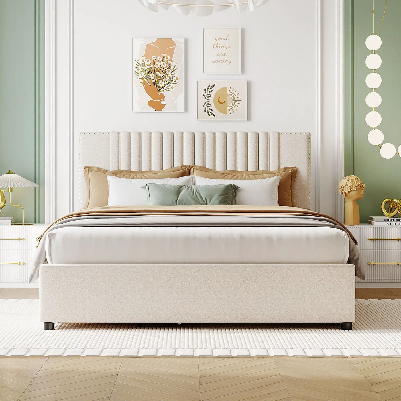 Upholstered Platform Bed With Drawers, Classic Headboard Design by Unique Piece Furniture