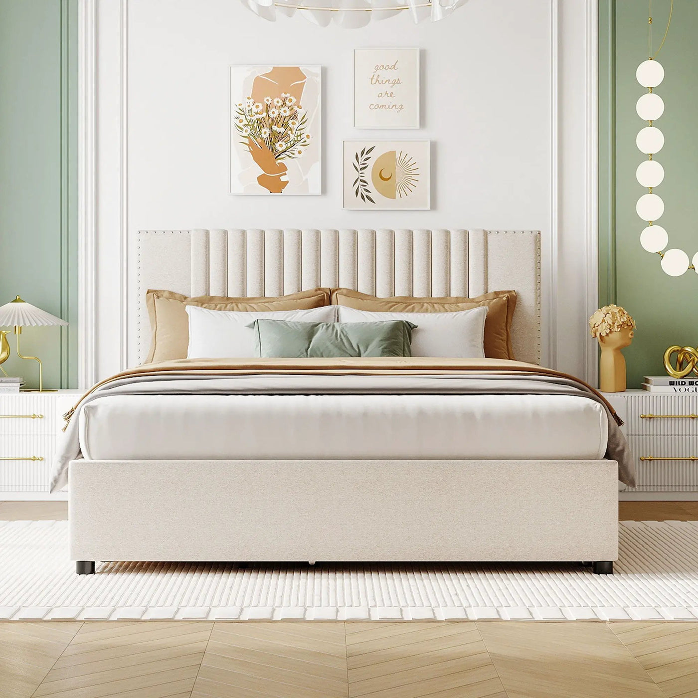 Upholstered Platform Bed With Drawers, Classic Headboard Design by HouseOfZazla
