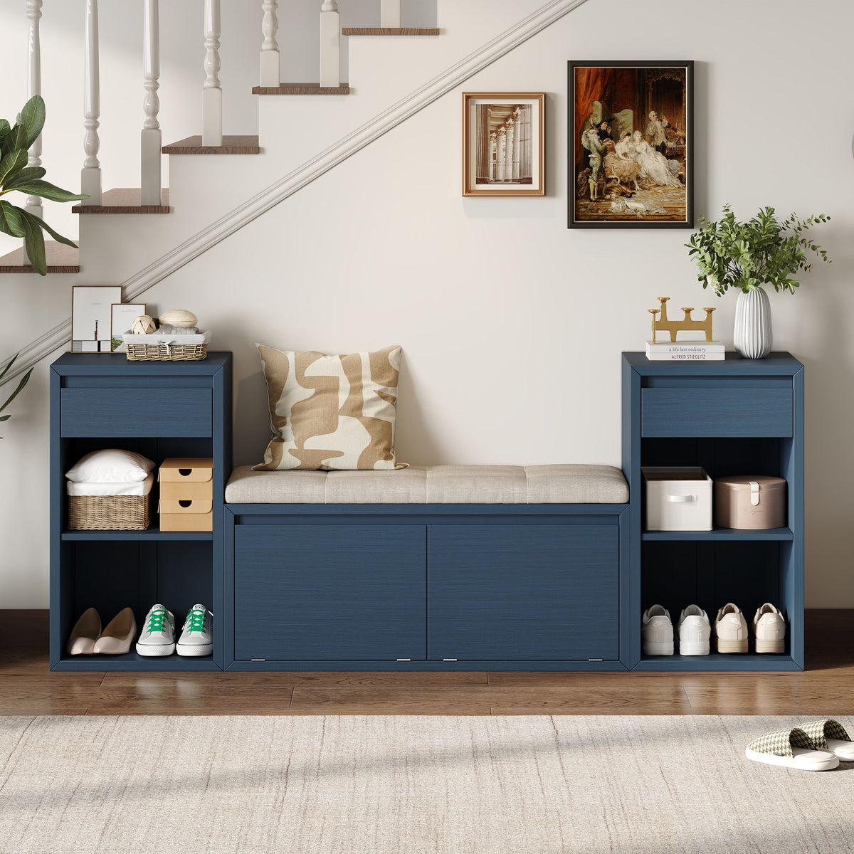 Entryway Storage Bench With Cushion, Drawers & Open Shelves, photo 20 of 25