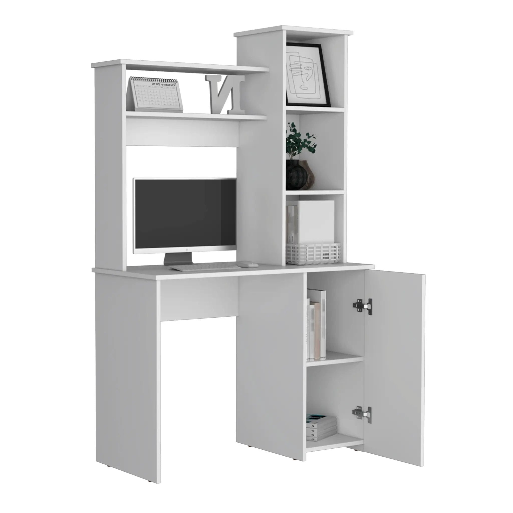 Carson Computer Desk with Hutch, Single Door Cabinet, and Shelves by HouseOfZazla