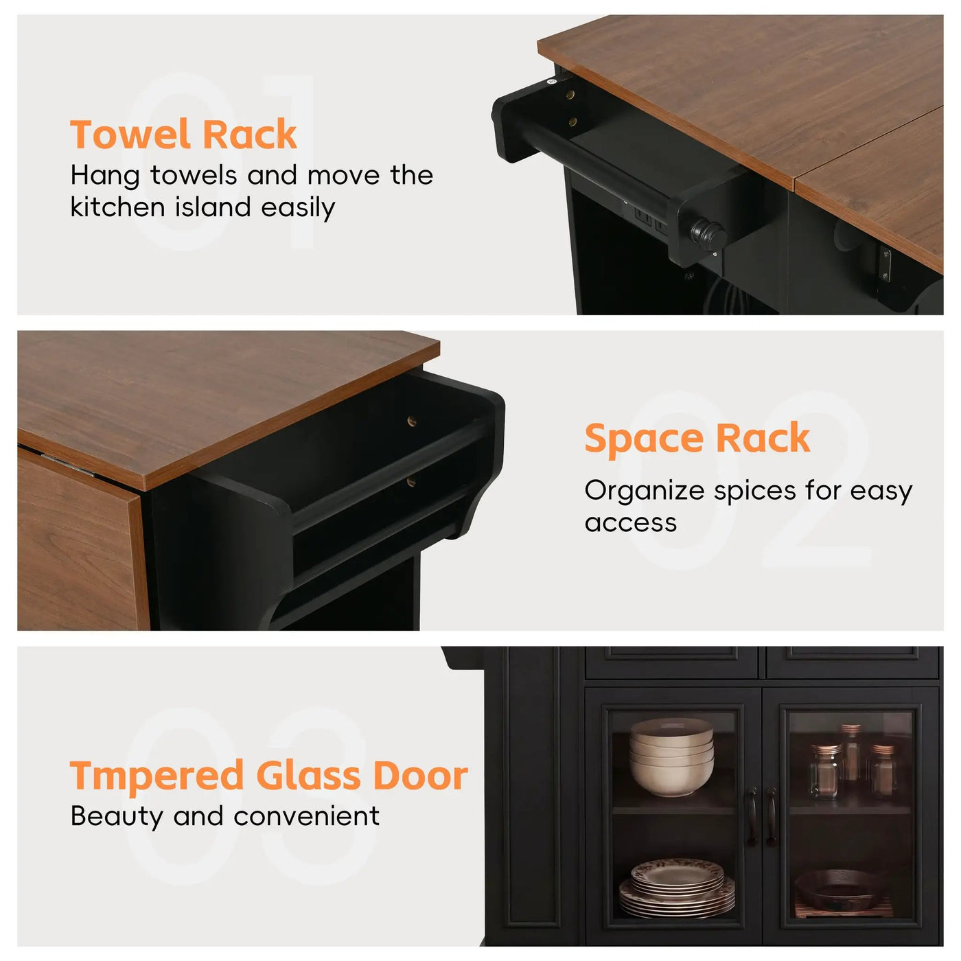 54" Mobile Kitchen Island with Glass Door Storage, Power Outlet & Rolling Cart by HouseOfZazla