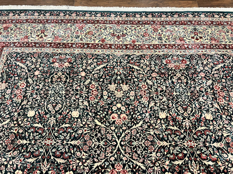 Large Sino Persian Rug 10x14, Wool Hand Knotted Vintage Carpet, Dark Green & Beige, Kirman Floral Rug, Fine Weave, Traditional, Large by Jewel Rugs