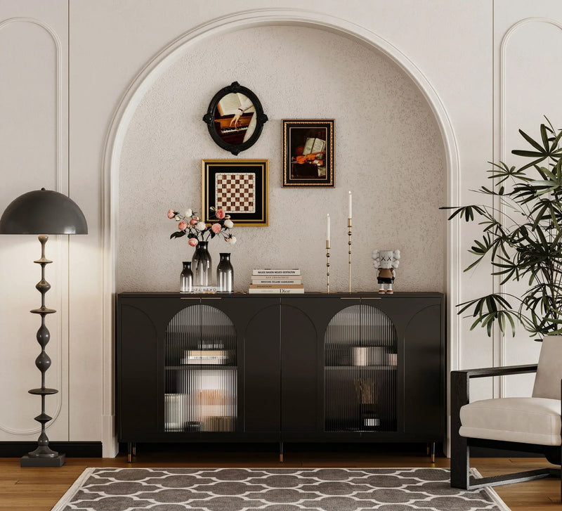 Accent Cabinet Lacquered Wooden Cabinet With 4 Glass Doors Sideboard Buffet Server Cabinet Storage Cabinet, For Living Room, Entryway, Hallway, Office, Kitchen And Dining Room by Unique Piece Furniture