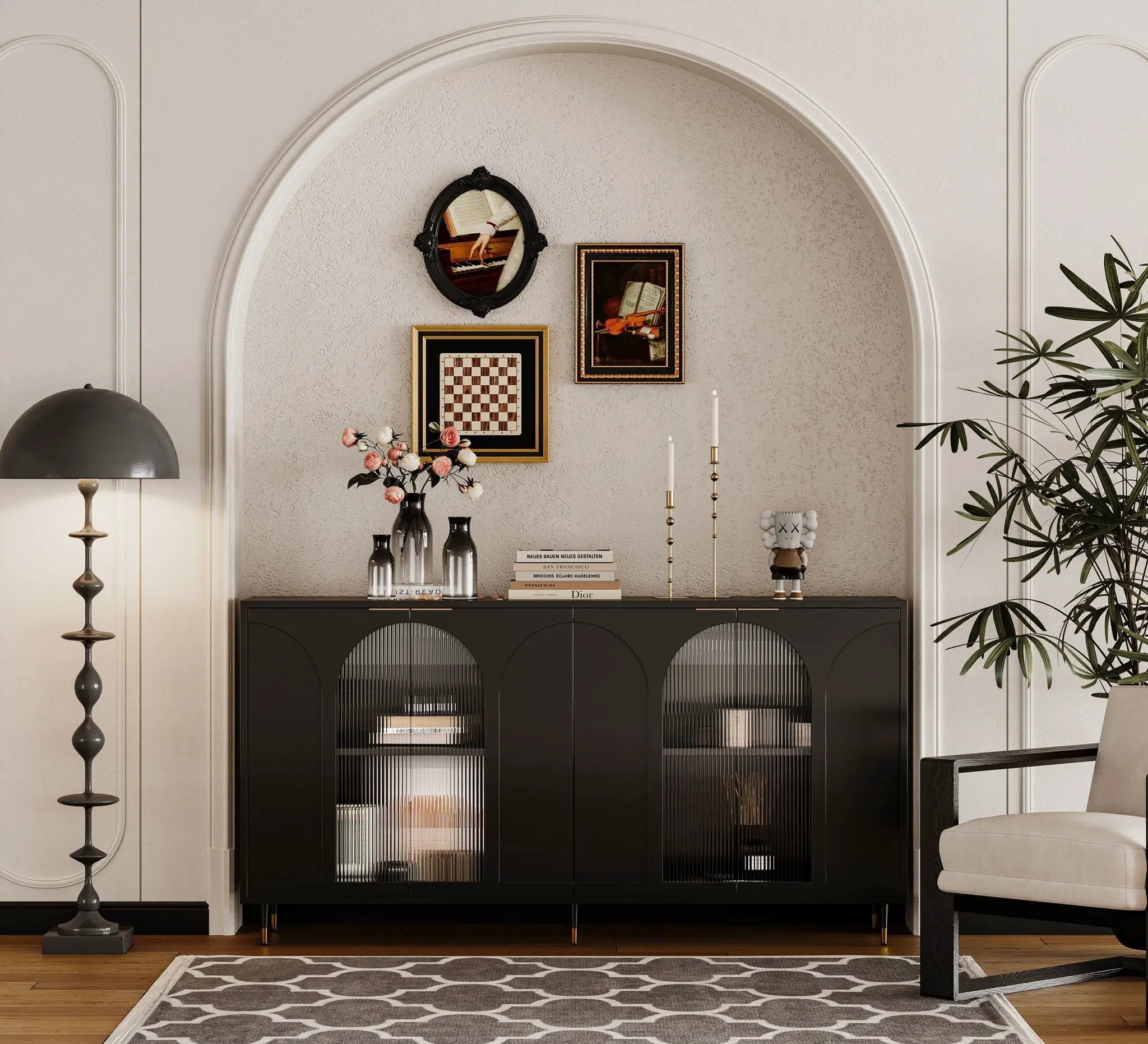 Accent Cabinet Lacquered Wooden Cabinet With 4 Glass Doors Sideboard Buffet Server Cabinet Storage Cabinet, For Living Room, Entryway, Hallway, Office, Kitchen And Dining Room by HouseOfZazla
