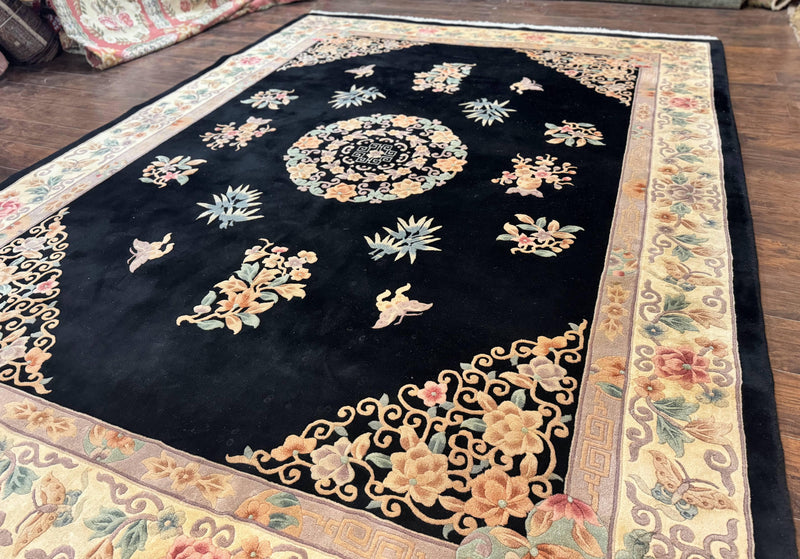 Chinese Wool Rug 9x12, Chinese Carving Carpet, Floral Medallion, Black and Beige, Butterflies, Vintage Asian Oriental Rug, 90 Line Rug by Jewel Rugs