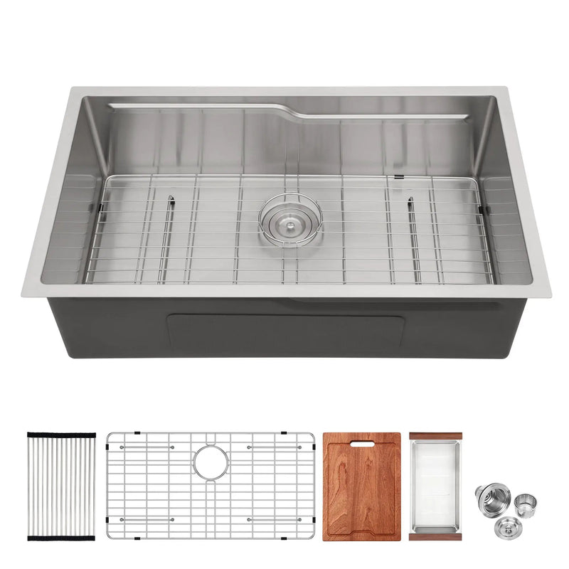 33" Undermount Kitchen Sink Single Bowl Ledge Workstation In 16 Gauge Stainless Steel - White by HouseOfZazla