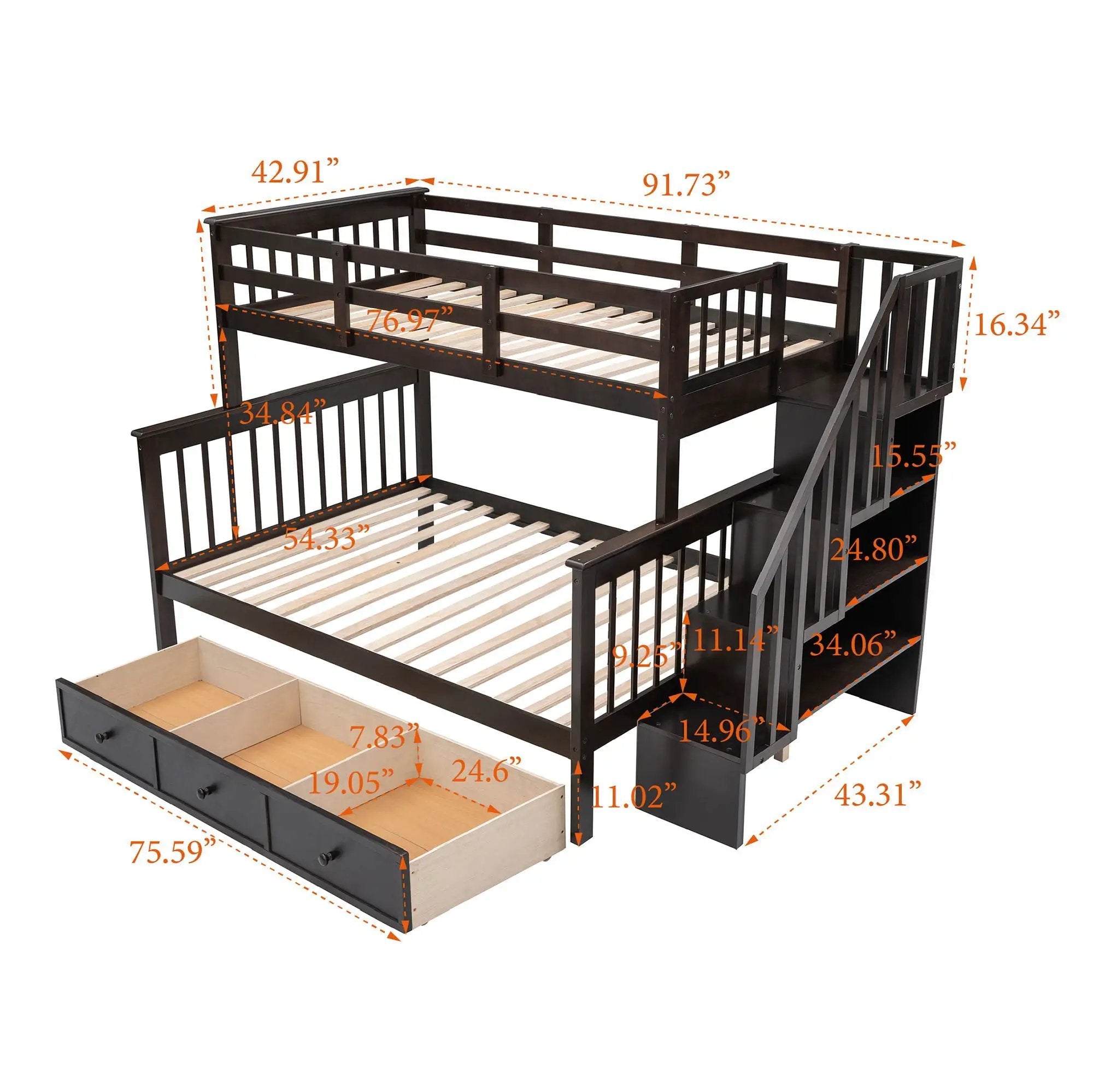 Stairway Bunk Bed With Storage And Guard Rail For Bedroom by HouseOfZazla