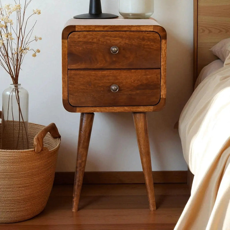 Soli Wood Mini Chestnut Curved Nightstand, 2-Drawers by HouseOfZazla