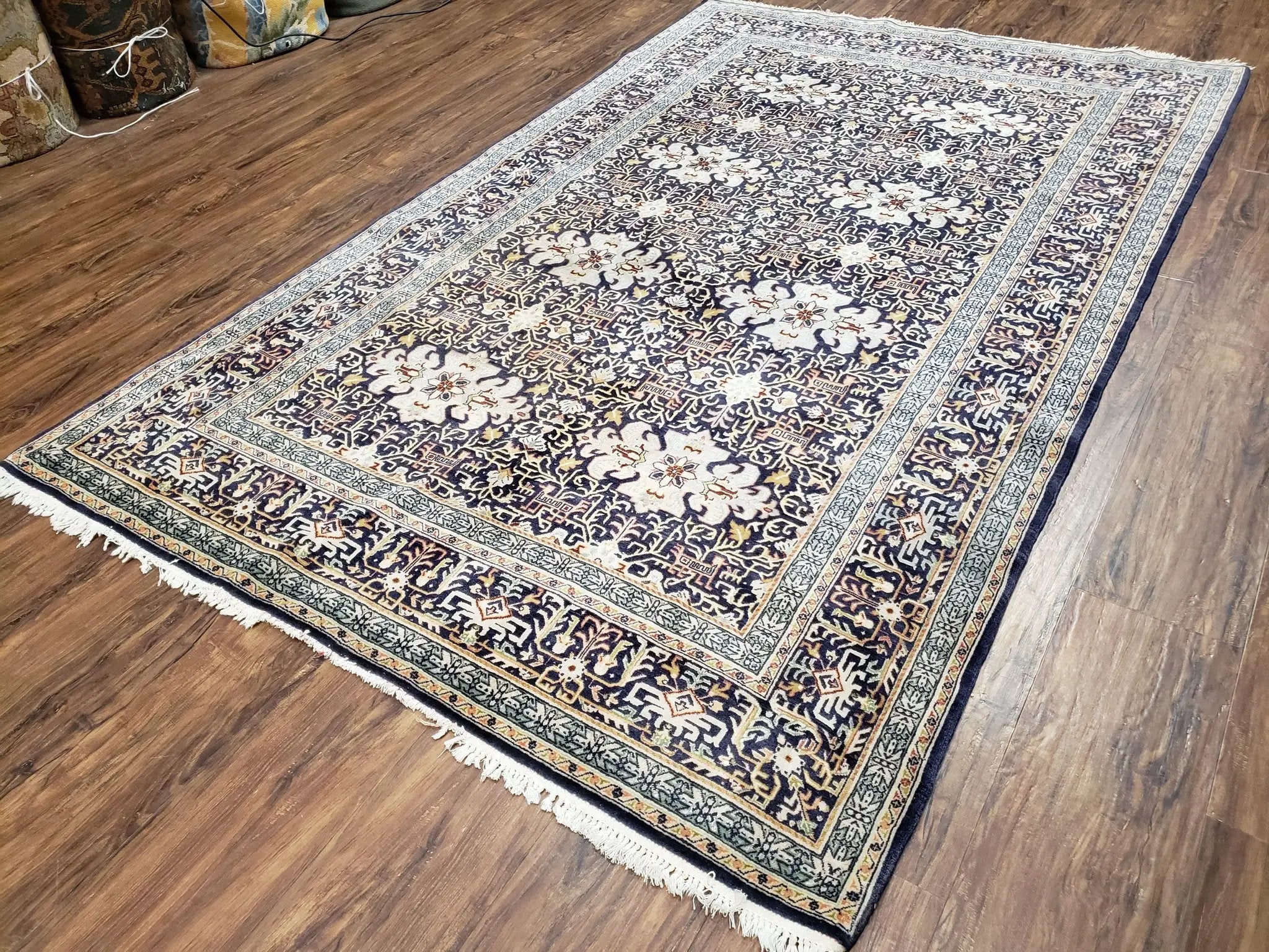 Navy Blue Persian Kashan Rug, Hand-Knotted, Wool, 4' 8" x 7' 4", Pair B by Jewel Rugs