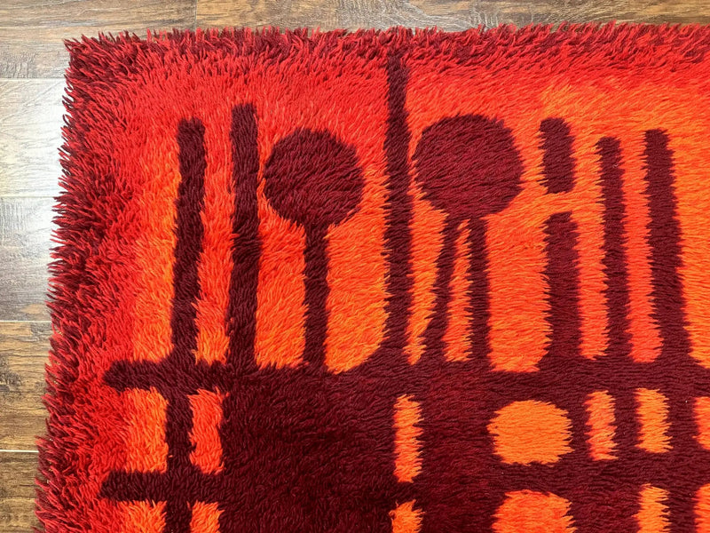 Danish Rya Shag Rug 4x6, Red Vintage Mid Century Retro Abstract Shag Rug by Jewel Rugs