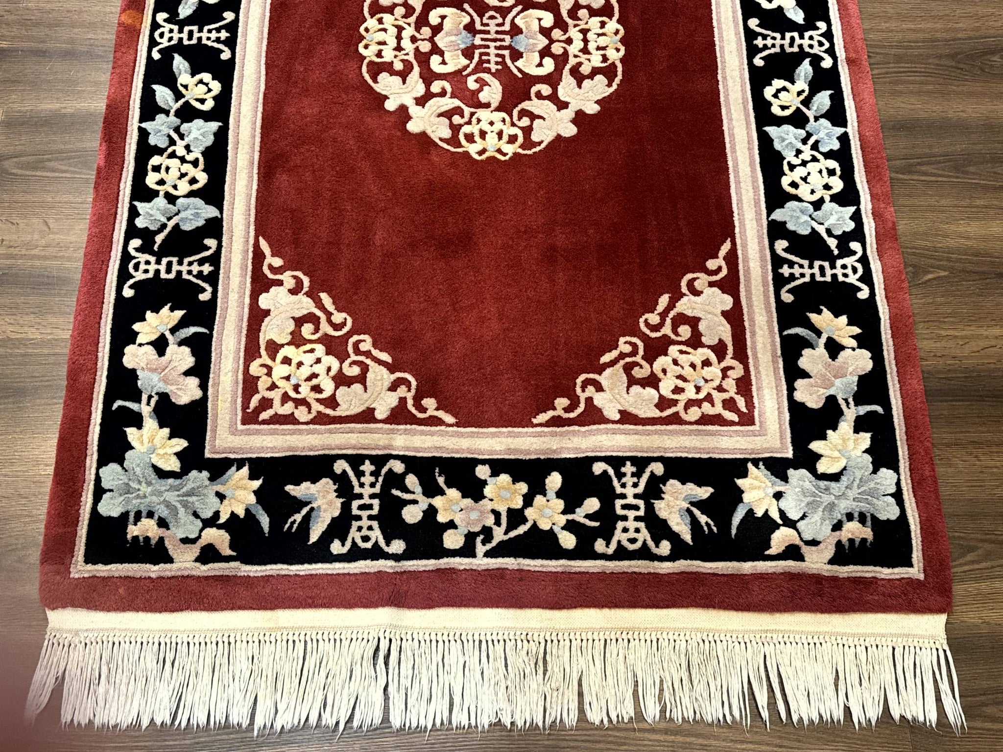Chinese Wool Rug 4x6, Maroon and Black, Butterflies, Chinese Oriental Carpet, 90 Line Rug by Jewel Rugs