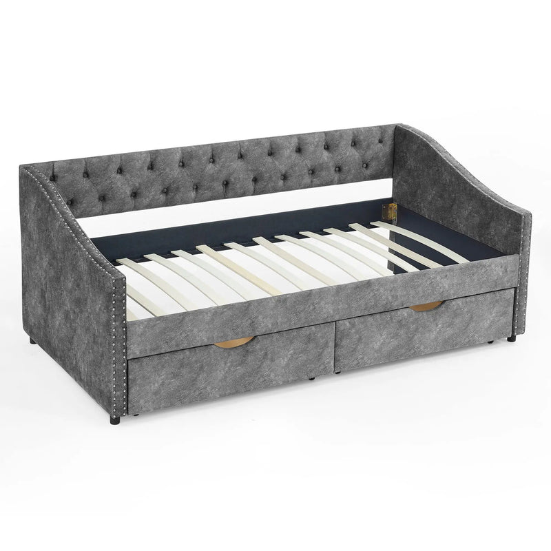 Upholstered Tufted Daybed With 2 Drawers, Waved Arms by Unique Piece Furniture