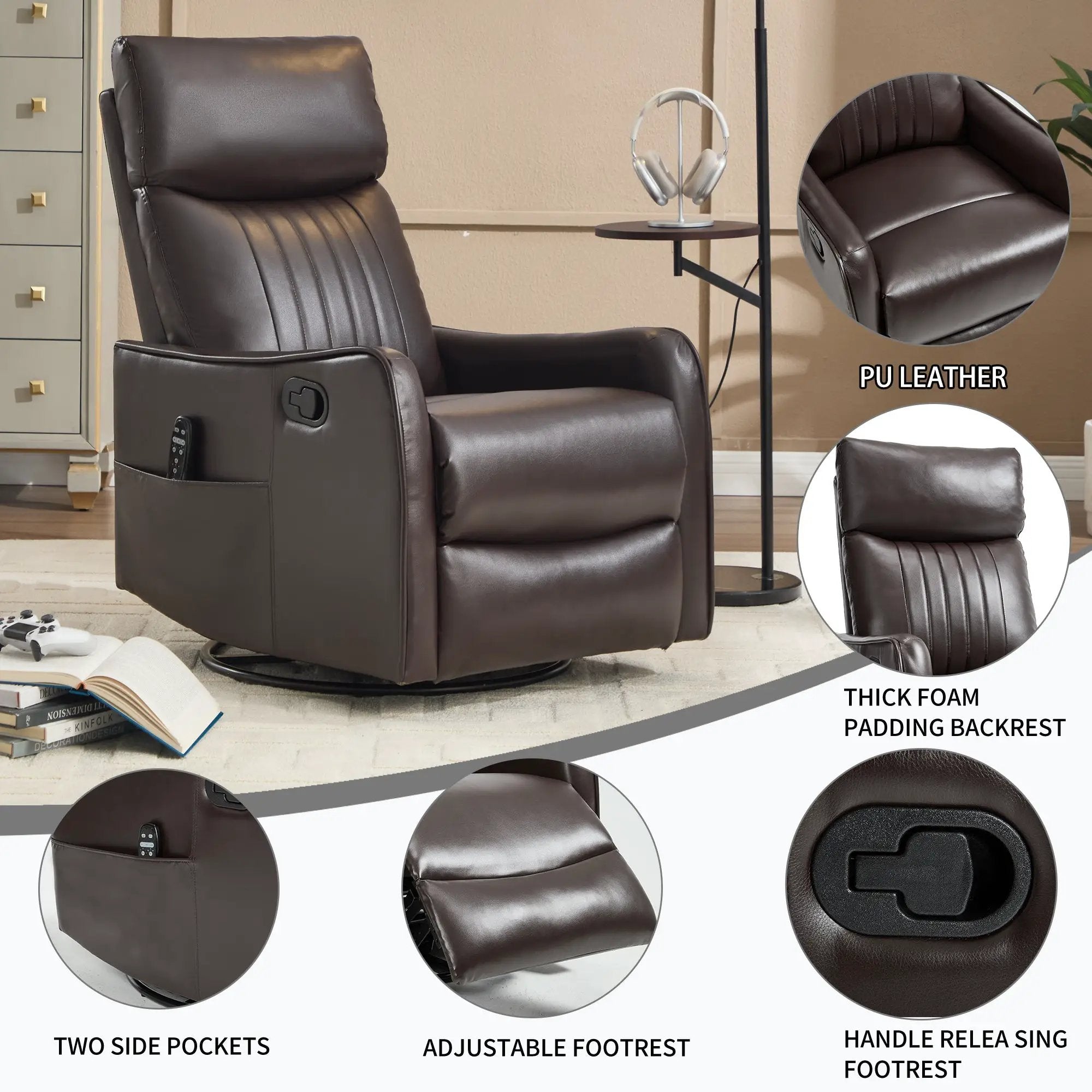 Brown Faux Leather Heat Massage Manual Recliner Chair by HouseOfZazla