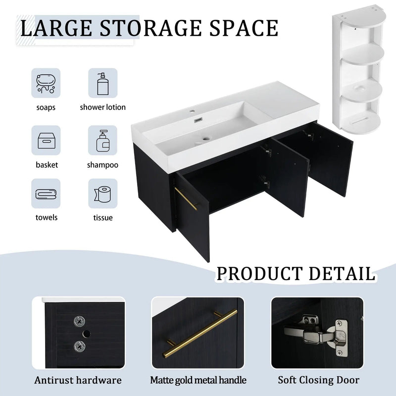 Modern Chestnut Wall Mounted Bathroom Vanity With Left Resin Sink And Storage Rack - Black Chestnut by HouseOfZazla