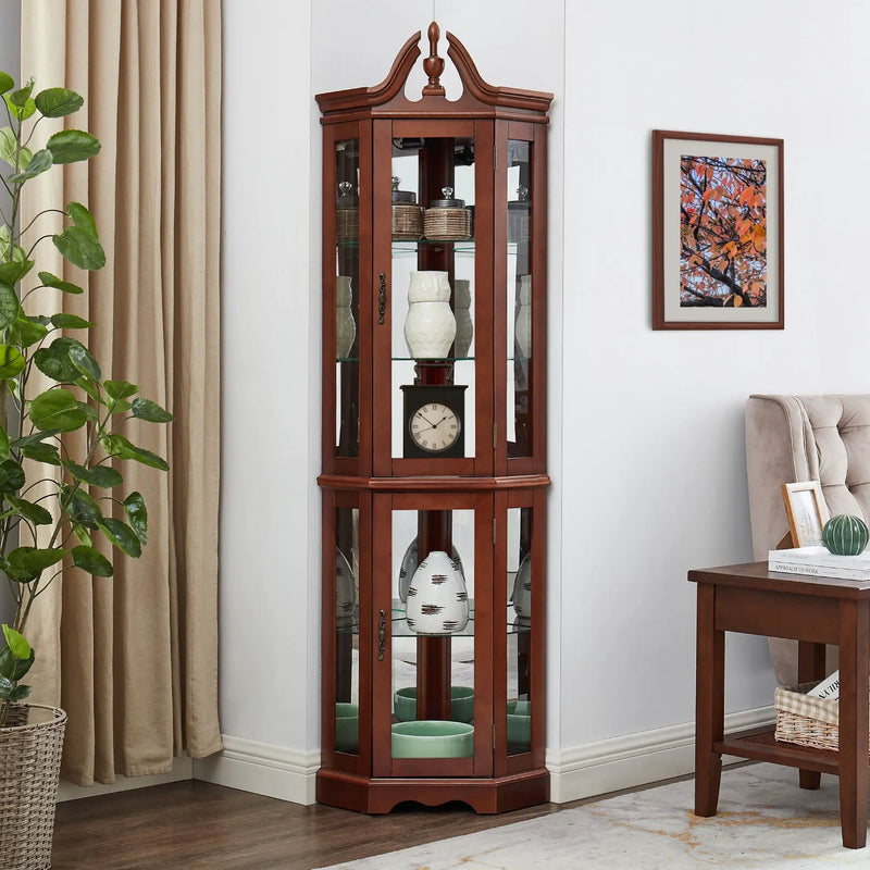 Corner Curio Cabinet With Lights, Adjustable Tempered Glass Shelves, Display Cabinet (E26 Light Bulb Not Included) - Mirrored / Walnut by Unique Piece Furniture