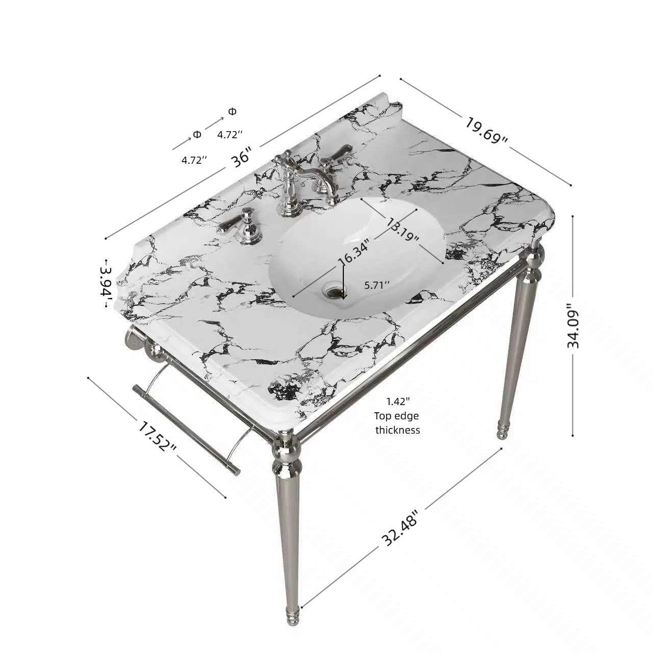 VICI 36" Bathroom Console Sink, Undermount Ceramic Vanity Basin by HouseOfZazla