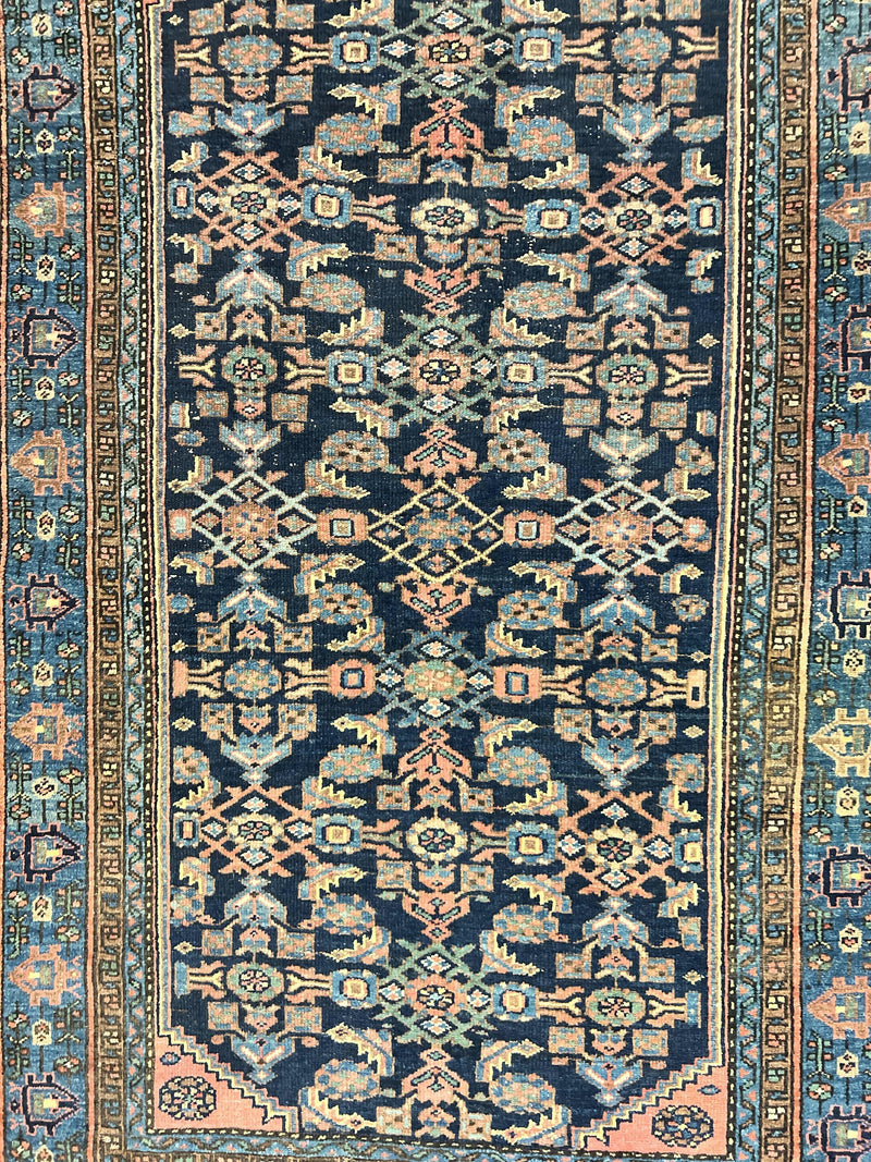 Antique Persian Tribal Rug 5x7, Navy Blue & Pink, Hand Knotted Handmade 1920s Wool Rug, Allover Pattern, Persian Hamadan Rug by Jewel Rugs