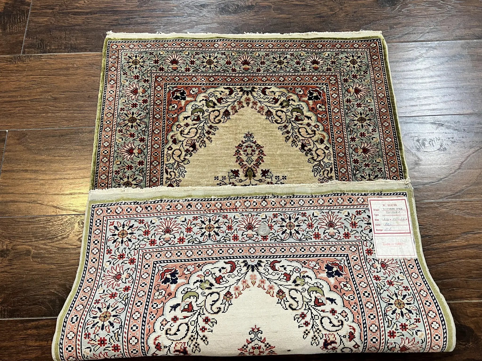 Silk Turkish Kayseri Rug 2x3, Very Finely Hand Knotted, Semi Open Field, Vintage, Silk Pile on Silk Foundation, 300 KPSI by Jewel Rugs
