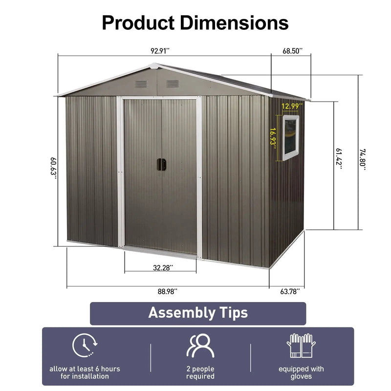 8Ft x 6Ft Outdoor Metal Storage Shed With Window (W540S00016) - Gray by HouseOfZazla