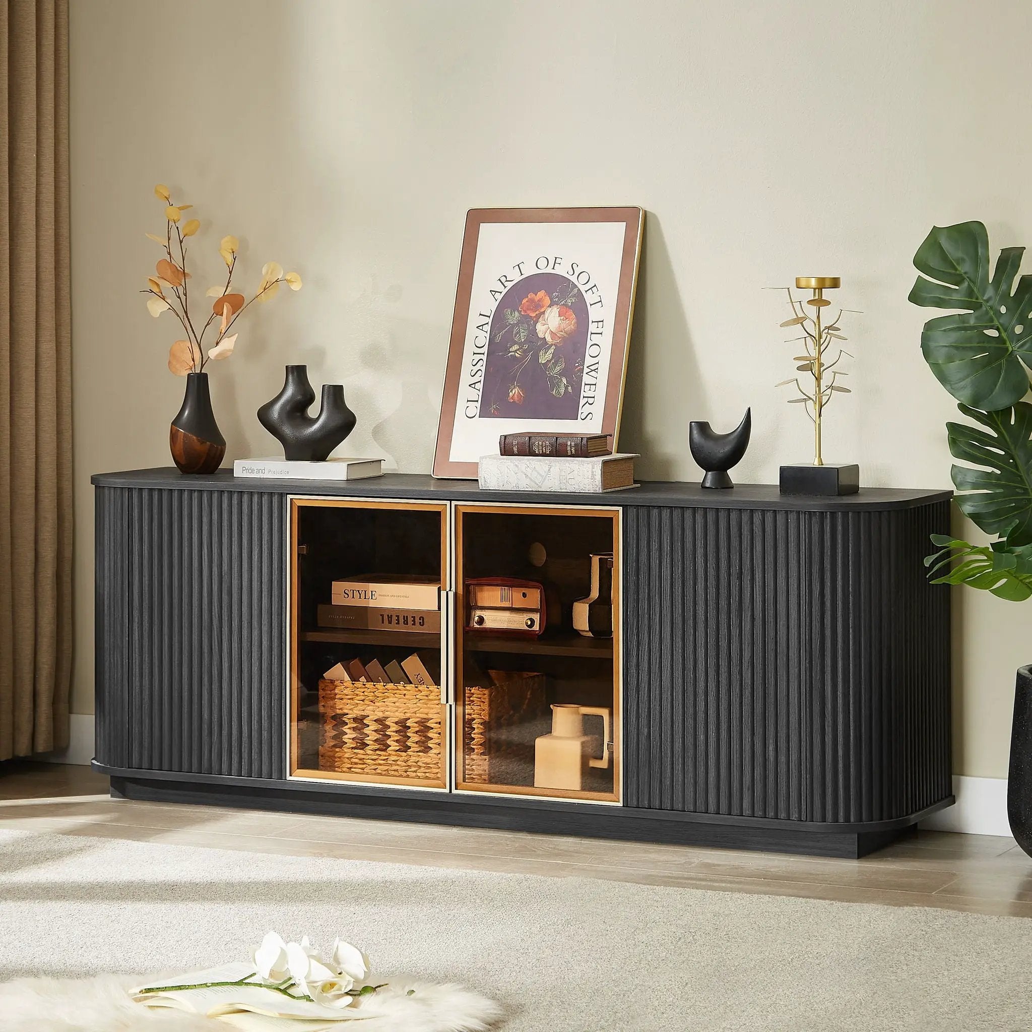 Modern 64" Wavy TV Cabinet With LED Lights - Black