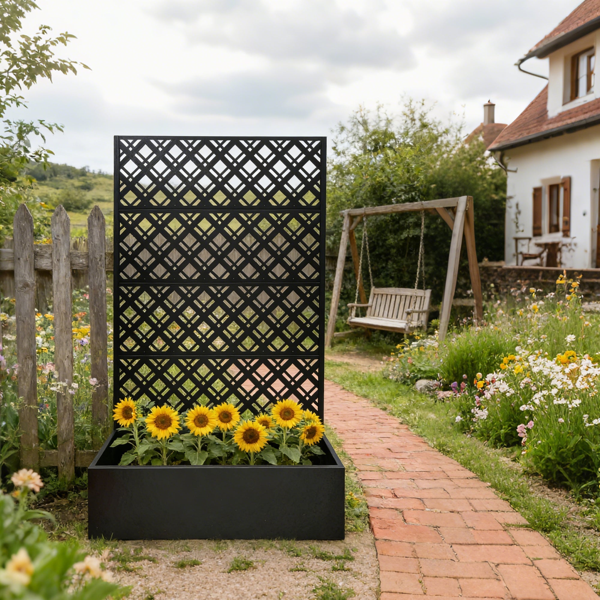Rhombus Black Metal Planter Raised Garden Bed with Trellis by HouseOfZazla