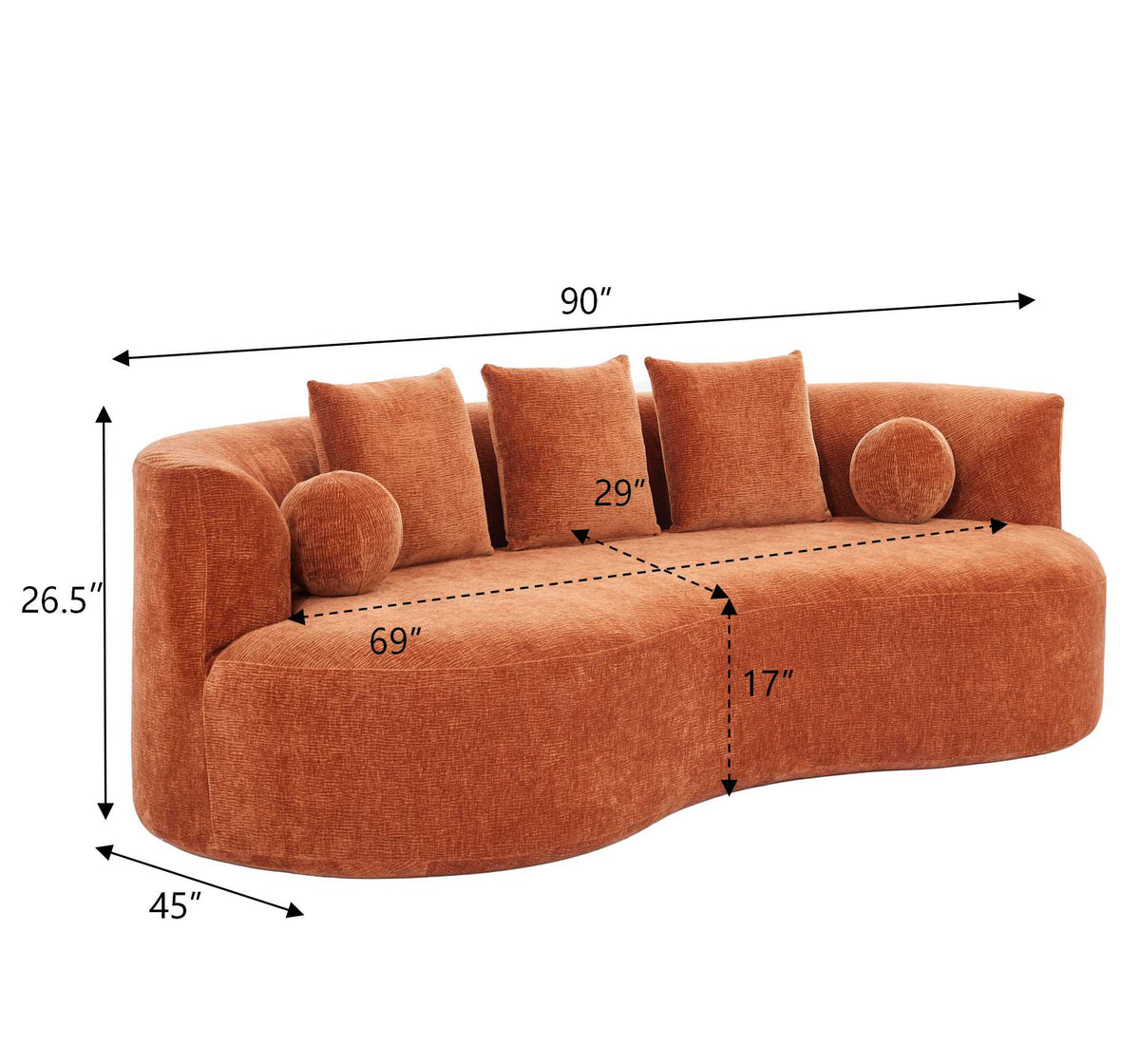 90-Inch Curved Modern Chenille Sofa with Artistic Curved Design - Orange or White, photo 10 of 10