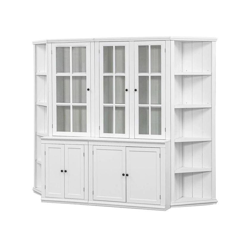 Retro Style Wall Suit With Glass Doors, 75.25" Tall Display Cabinets & Triangle Sided Bookshelves - White by HouseOfZazla