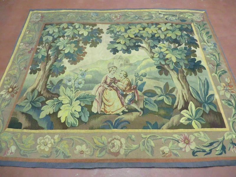 Antique French Tapestry 5x6 French Handmade Aubusson Nature One Of A Kind Rare by Jewel Rugs