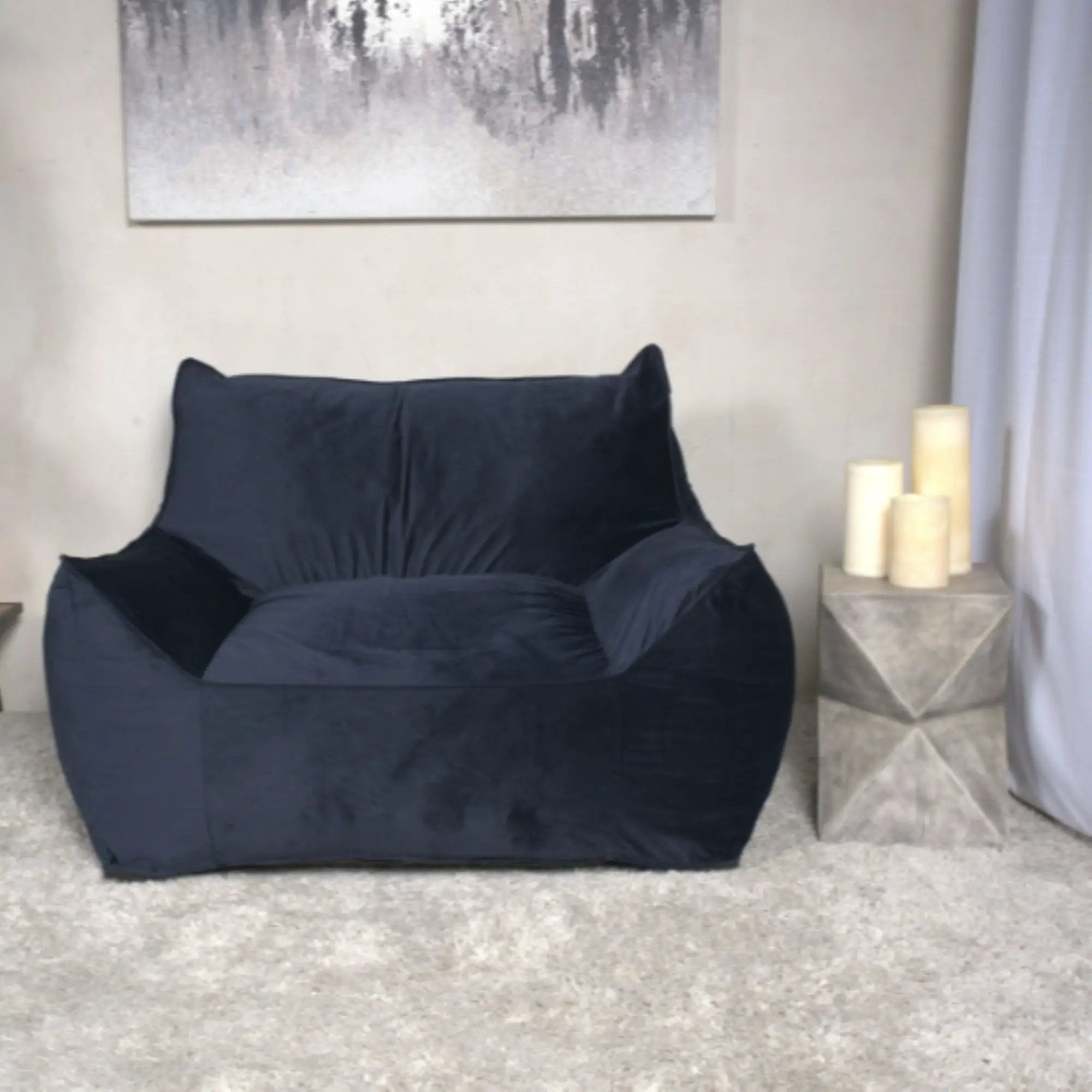 Allea - Velveteen Bean Bag Chair With Armrests - Midnight Blue by HouseOfZazla