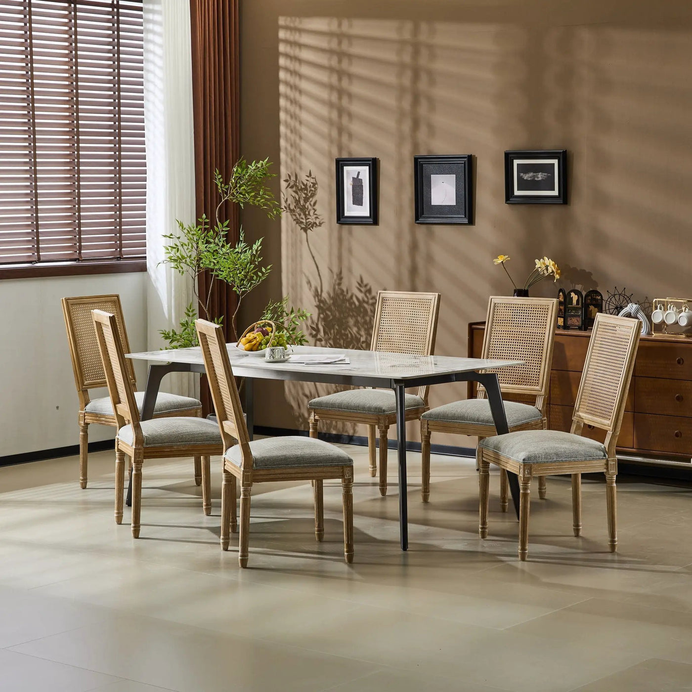 French Country Dining Chair With Rectangular Cane Backrest And Smooth Upholstered Seating by HouseOfZazla