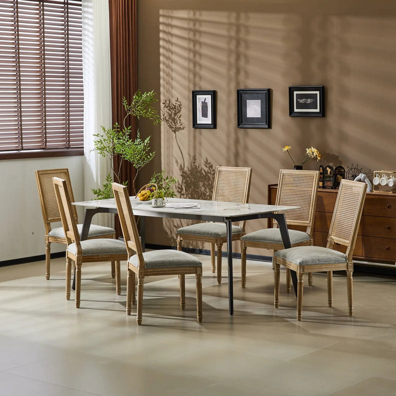 French Country Dining Chair With Rectangular Cane Backrest And Smooth Upholstered Seating by HouseOfZazla