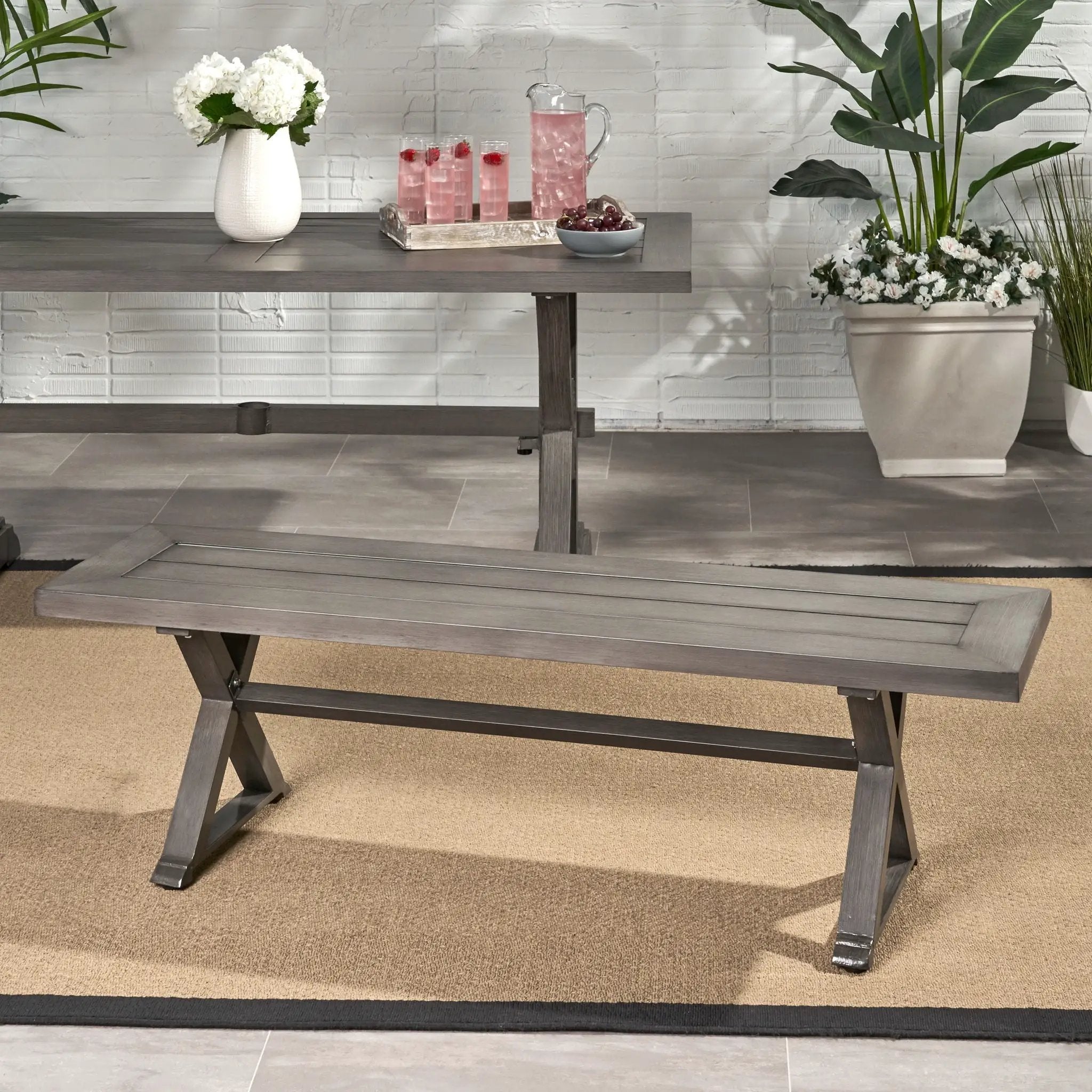 Modern Aluminum Outdoor Dining Bench With X Base - Dark Gray by HouseOfZazla