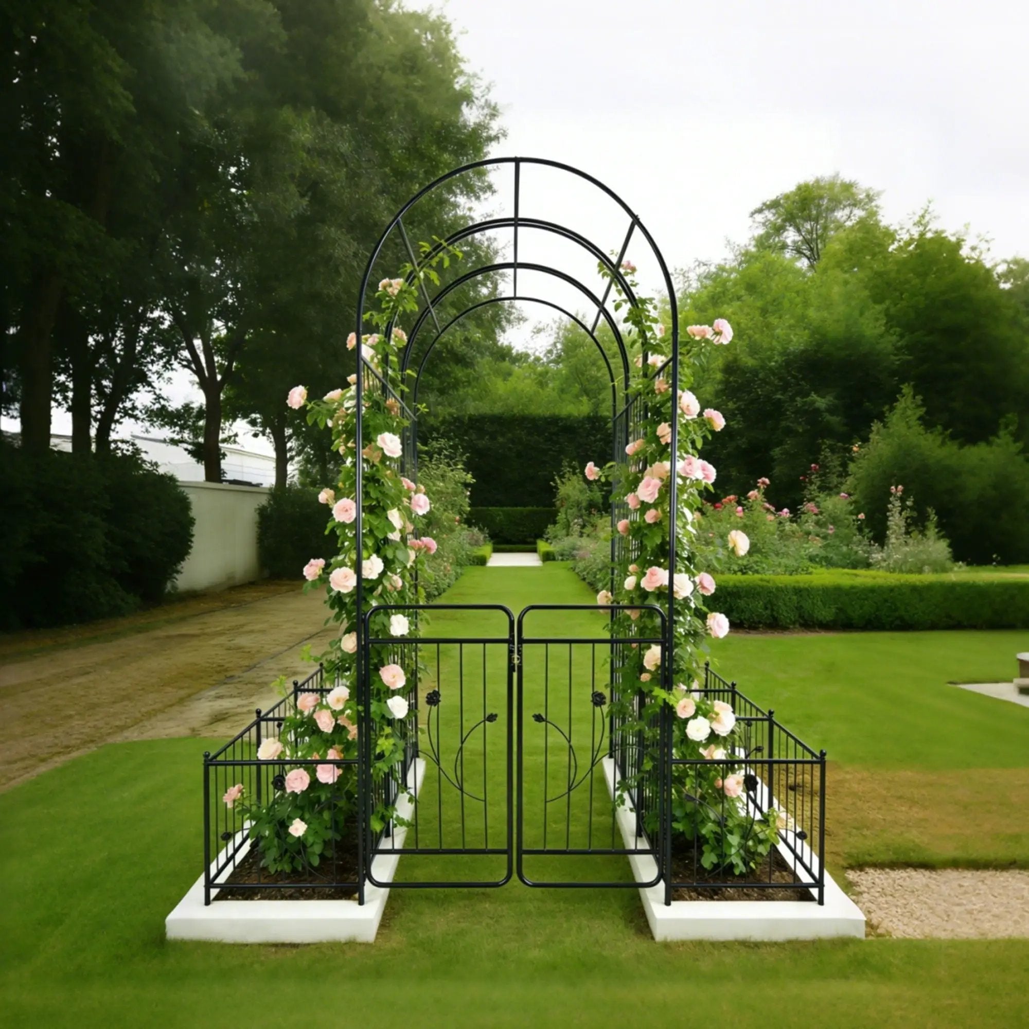 Metal Garden Arch With Gate Wide High Climbing Plants Support Rose Arch Outdoor - Black by HouseOfZazla
