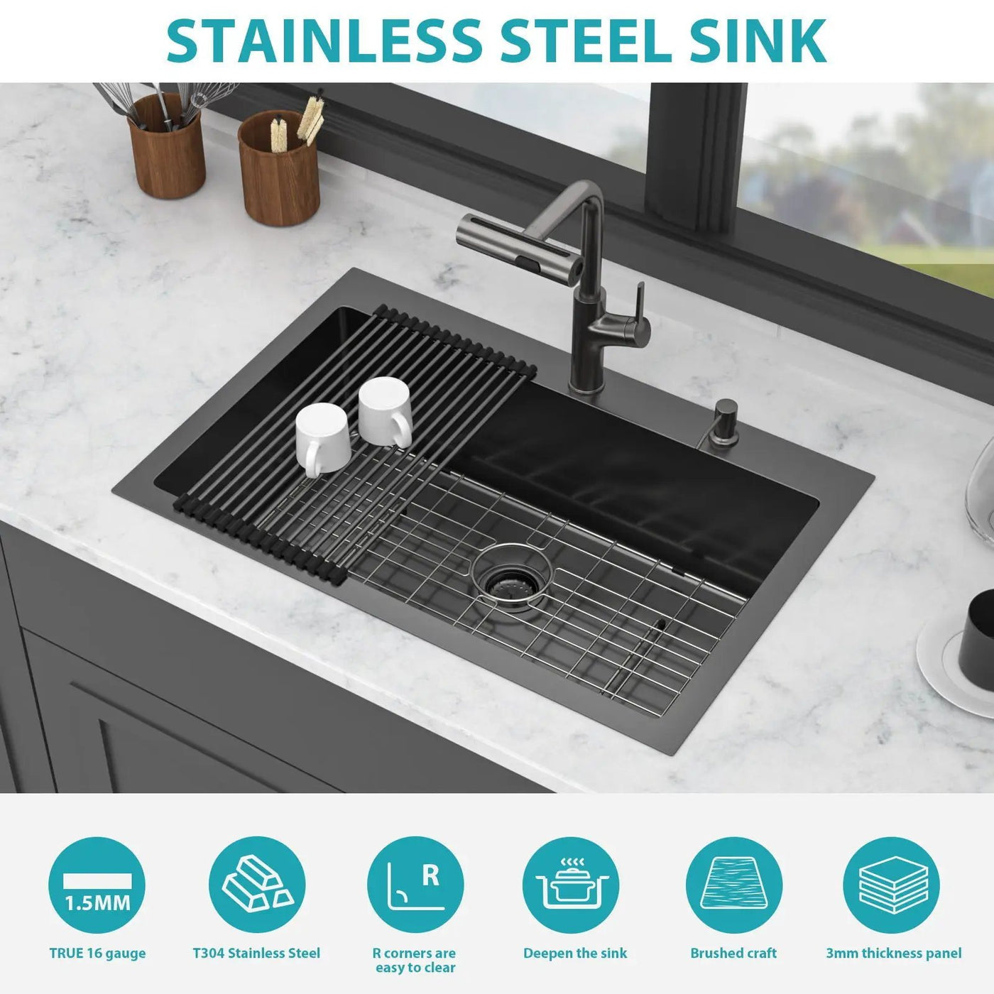Drop-In Stainless Steel Kitchen Sink With Pull-Out Faucet And Soap Dispenser by HouseOfZazla