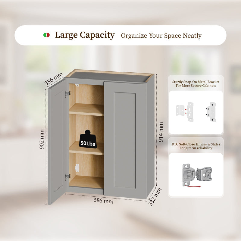 Gray Shaker Solid Wood Wall Cabinet with Soft-Close Doors by HouseOfZazla