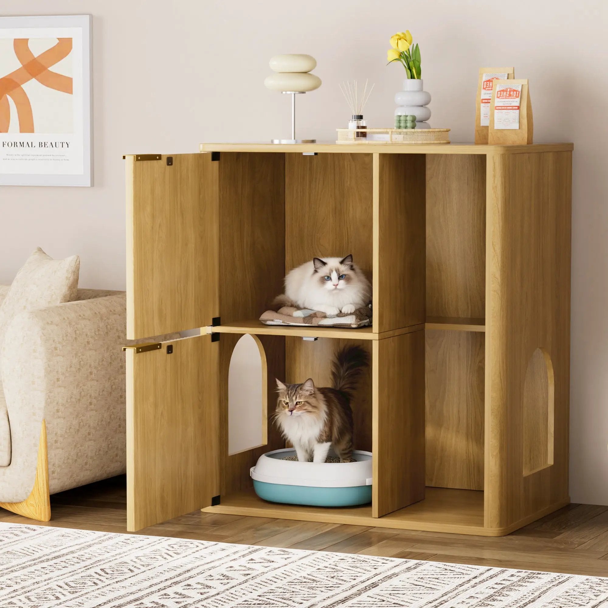 31.5-inch Light Wood Cat Litter Cabinet with Cat Tree by HouseOfZazla