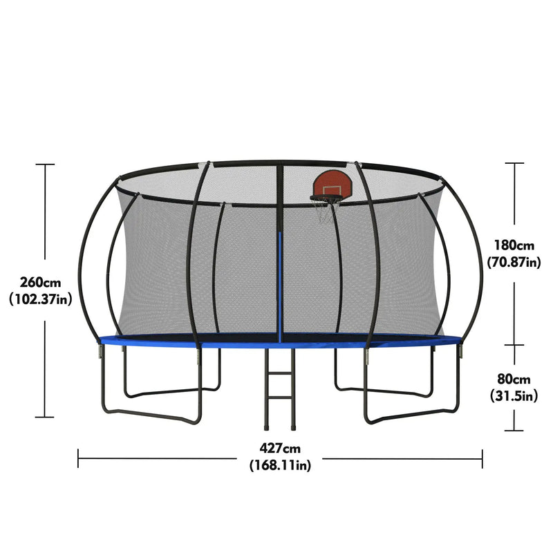 Pumpkin 14 Ft Outdoor Trampoline With Basketball Hoop Enclosure Net Ladder And Metal - Black / Blue by HouseOfZazla