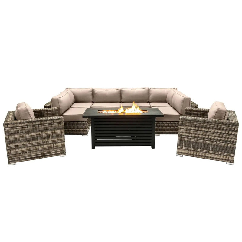 9 Piece Outdoor Sectional Set With Fire Pit Table And Cushions - Beige by HouseOfZazla