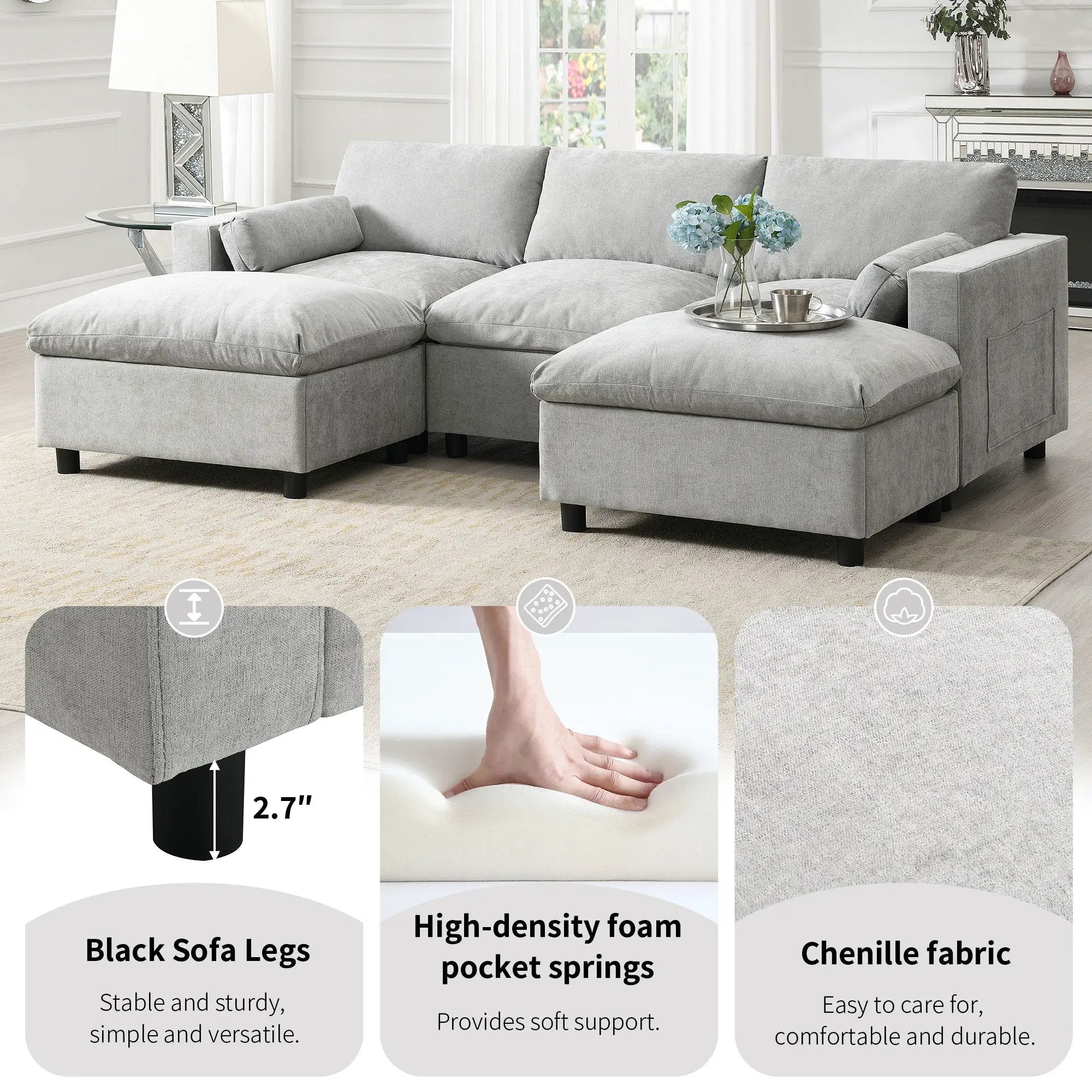Modular Sectional With Storage Pockets, 5 Seat U Shaped Couch Set With Pillows, Free Combination Modern Cloud Sofa With 2 Movable Ottoman by Unique Piece Furniture