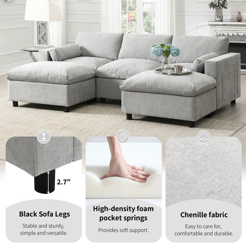 Modular Sectional With Storage Pockets, 5 Seat U Shaped Couch Set With Pillows, Free Combination Modern Cloud Sofa With 2 Movable Ottoman by Unique Piece Furniture