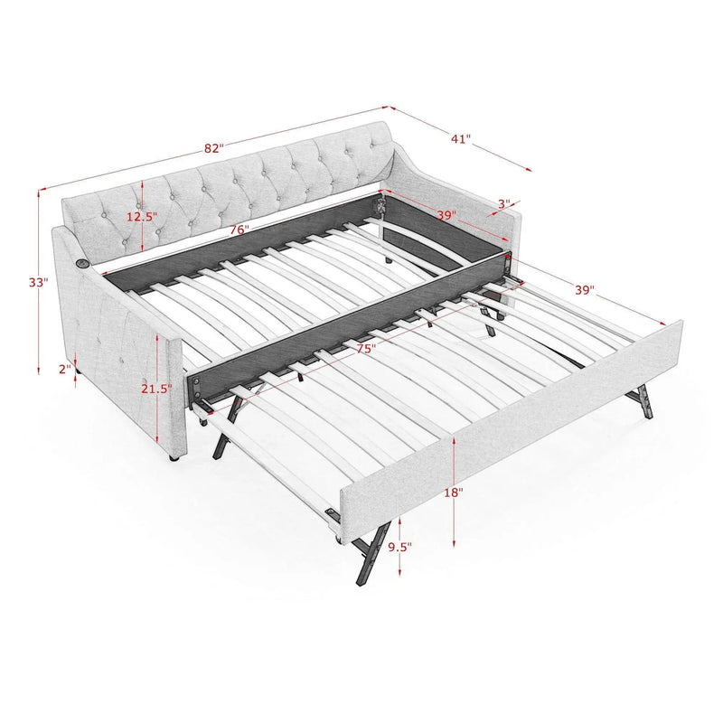 Size Upholstered Daybed With Trundle And USB Charging Armrest by HouseOfZazla