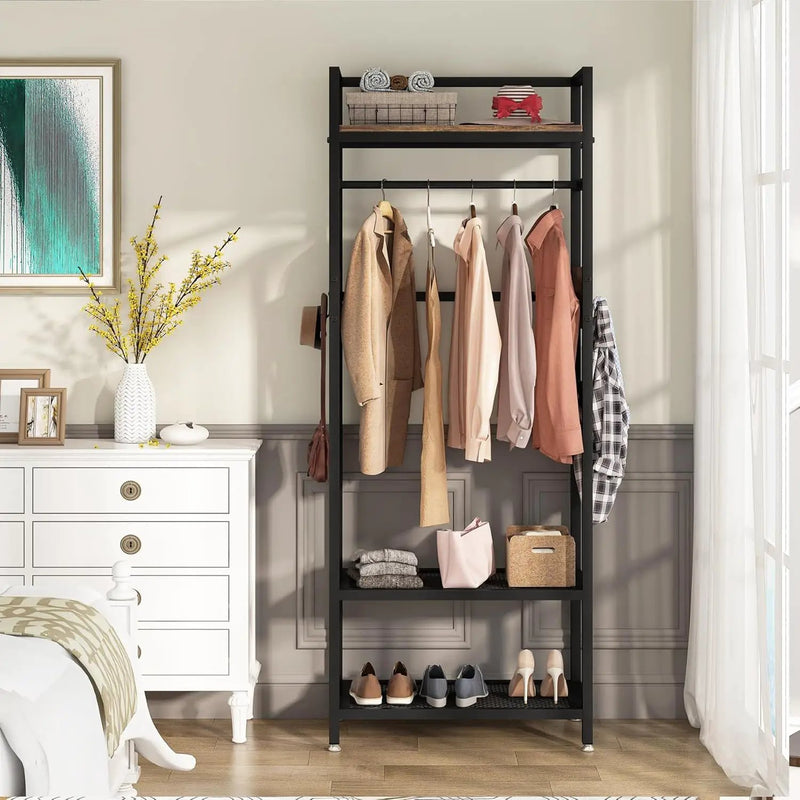 Rack With Hanging Rod, 4 Hooks, Heavy Duty Freestanding Closet Organizer - Brown / Black by HouseOfZazla