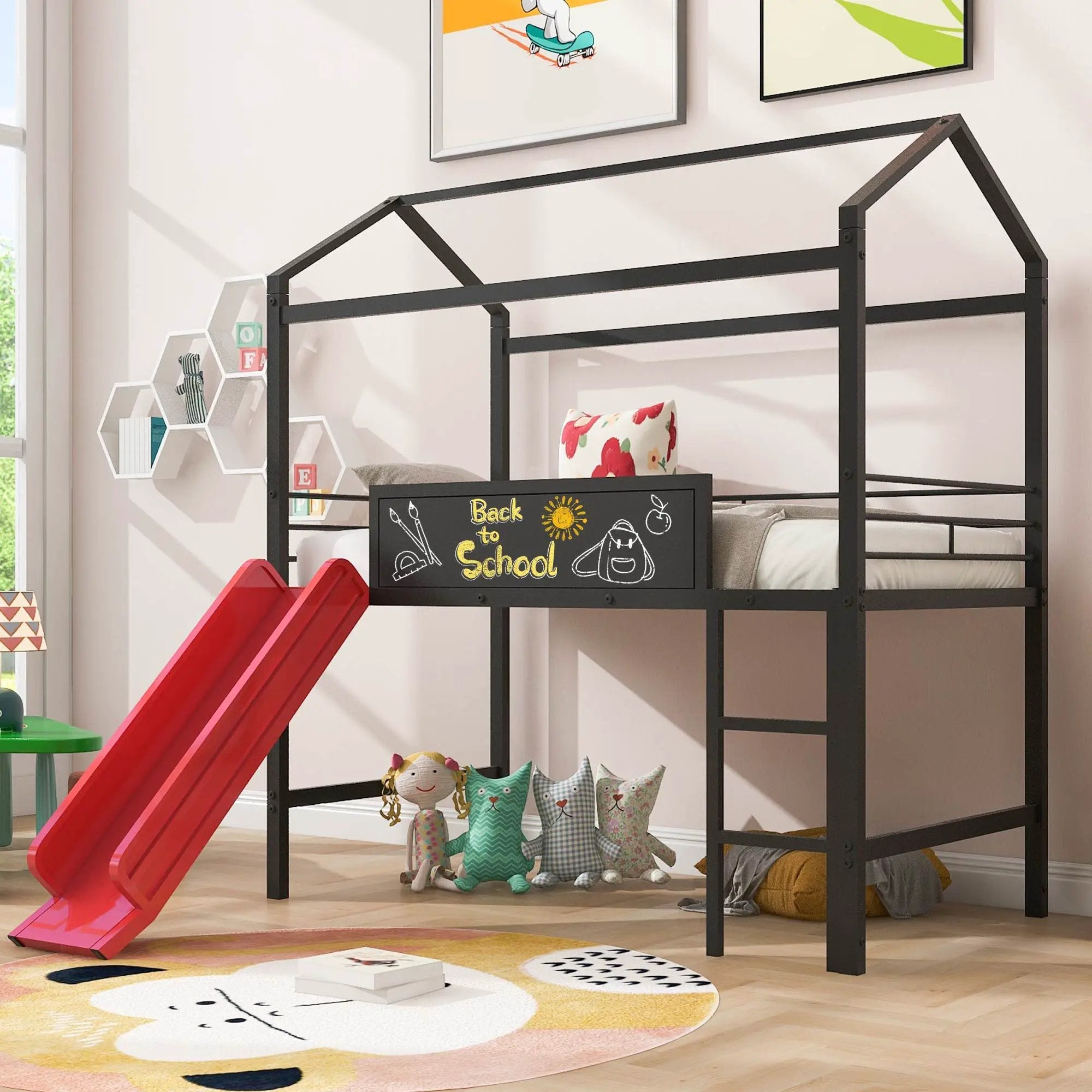 Twin Metal Loft Bed With Slide And 2 Sided Writable Wooden Board - Black by HouseOfZazla
