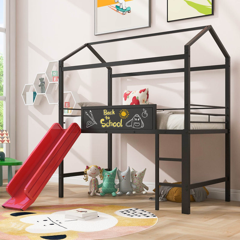 Twin Metal Loft Bed With Slide And 2 Sided Writable Wooden Board - Black by HouseOfZazla