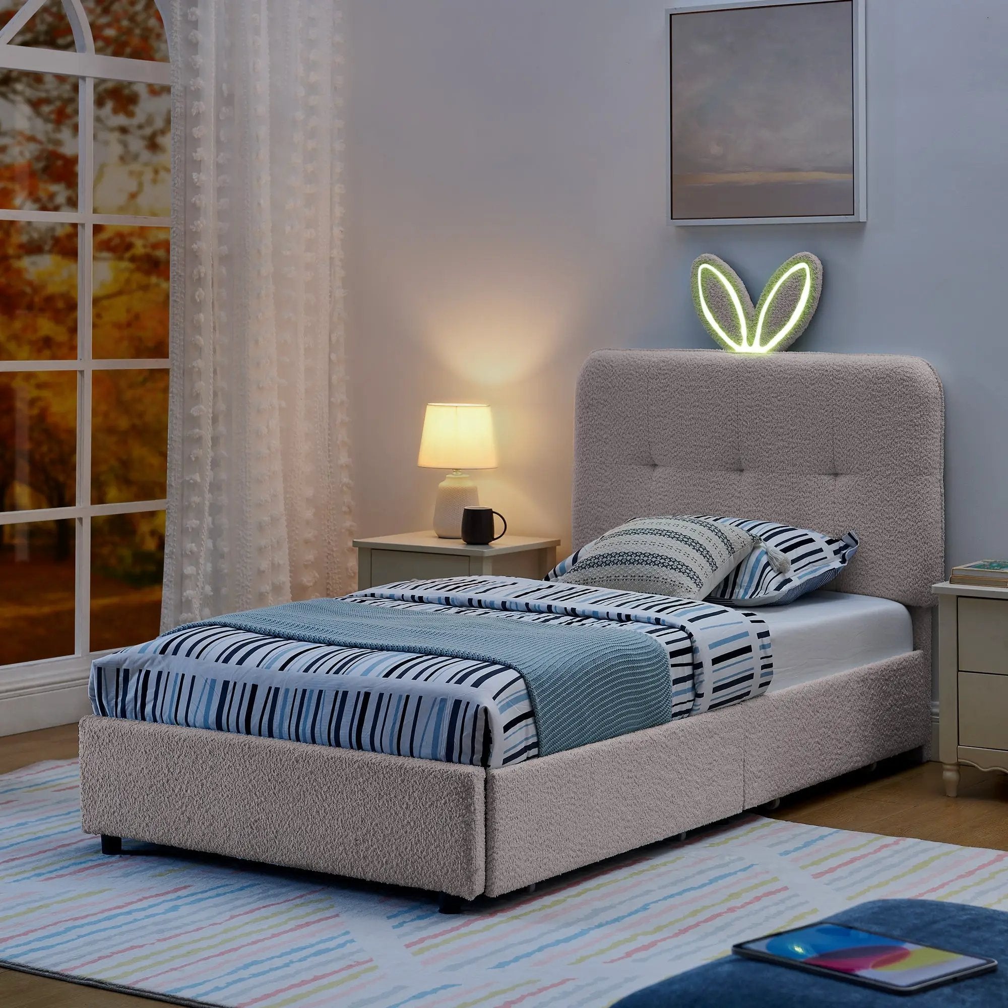 Twin Size Kids Upholstered Bed with Oversized Rabbit Ear Headboard by HouseOfZazla